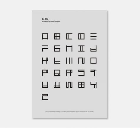 A genuine typographic alphabet fully designed by American artist James Thompson in rendition to the XXth century style and movement known as De Stijl.  Meaning "The Style" in Dutch, this artistic movement - which englobed artists such as Theo van Doesburg, Piet Mondrian, J. J. P. Oud and Gerrit Rietveld, in between others - sought the integration of all arts into each of their creations, searching for a uniformity in all areas of expression from design to painting and architecture.