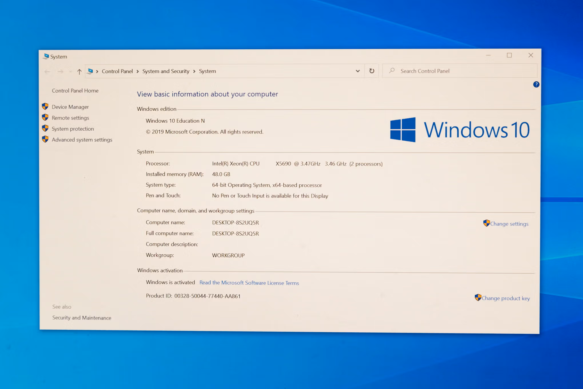 Z800 system information under Windows 10 Education