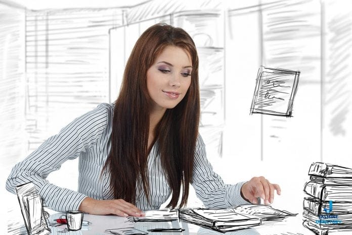 business woman in the draw office