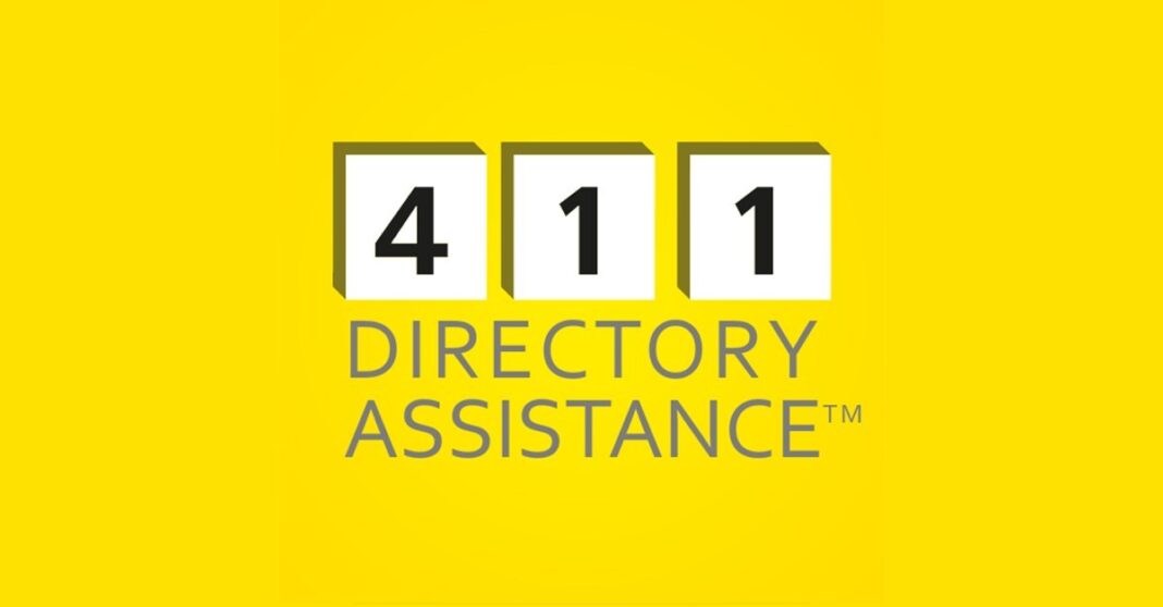 411 Directory Assistance service mark representing Canadian telephone directory inquiry services The 411 Directory Assistance logo displays white dimensional numerals on a yellow background, representing telephone directory inquiry services in Canadian information systems.
