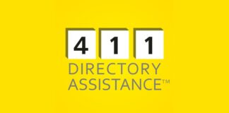 The 411 Directory Assistance logo displays white dimensional numerals on a yellow background, representing telephone directory inquiry services in Canadian information systems.