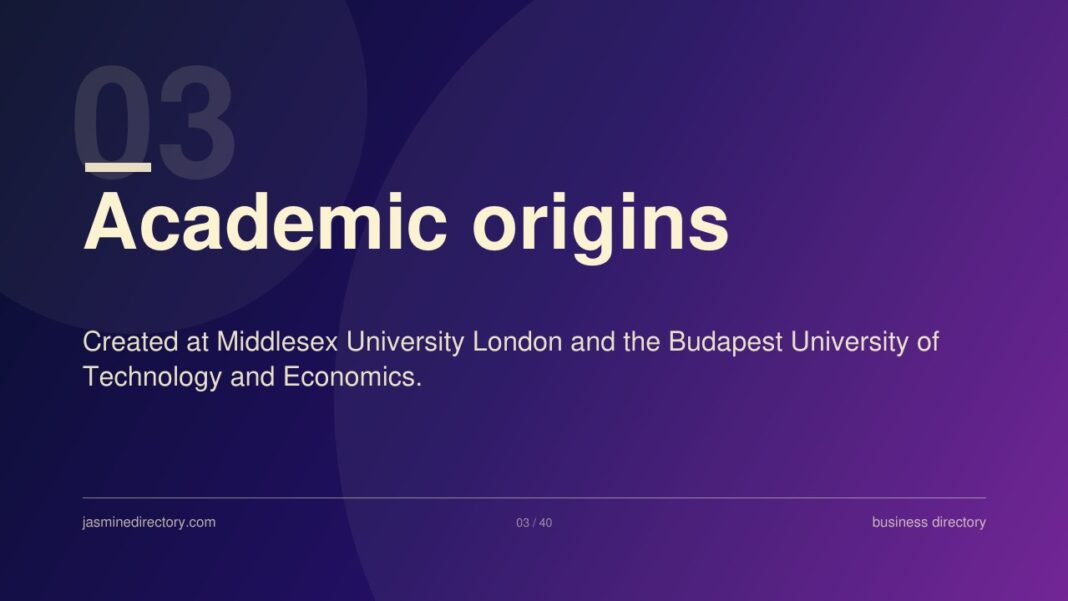 Presentation slide highlighting academic foundations relevant to UK lawyer directory listings and professional credibility. A presentation slide with gradient background shows 'Academic origins' heading and text about university collaboration, illustrating professional credibility in legal directory contexts.