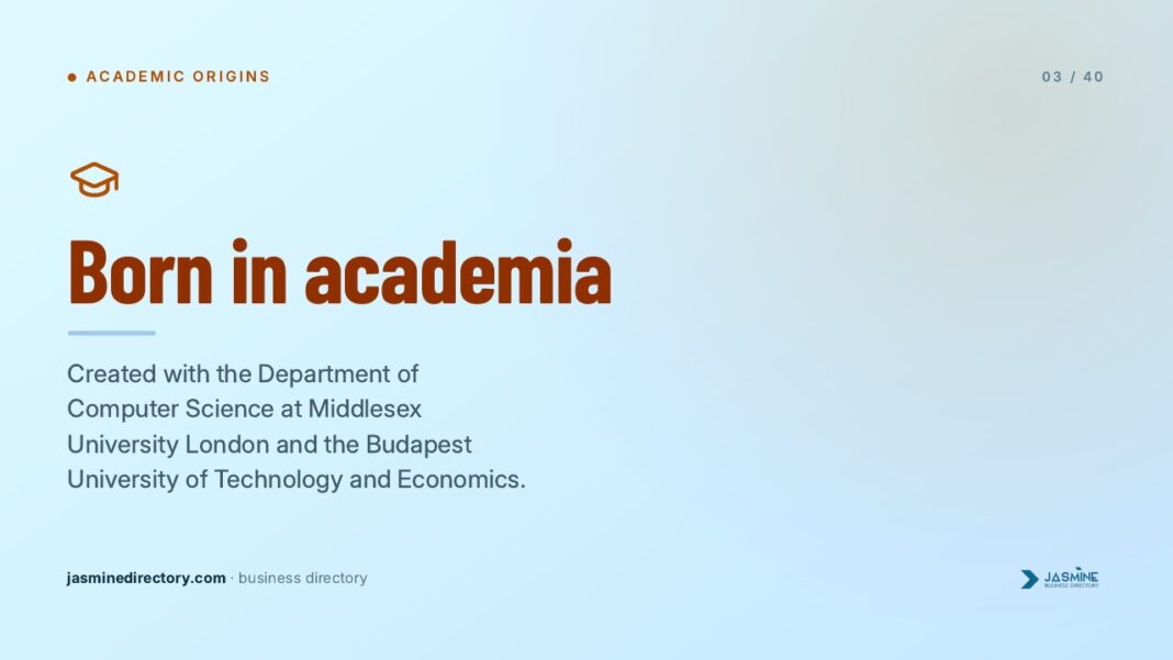Academic partnership presentation slide illustrating educational foundations relevant to law firm digital strategy development Presentation slide with blue gradient background displaying 'Born in academia' title and graduation cap icon, illustrating educational foundations for professional digital directory development strategies.