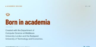 Presentation slide with blue gradient background displaying 'Born in academia' title and graduation cap icon, illustrating educational foundations for professional digital directory development strategies.