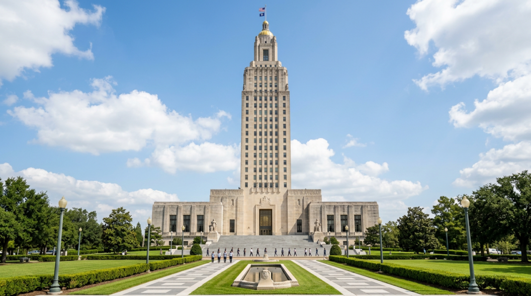 art-deco-state-capitol-building-tower-reflecting-pool-formal-gardens The Louisiana State Capitol Building rises above manicured grounds with a reflecting pool, representing the state's legal infrastructure that law firm directories help navigate.