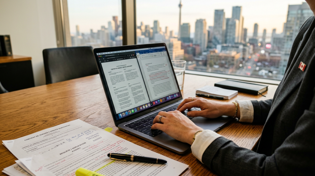 attorney-laptop-legal-documents-urban-office-workspace-modern Attorney typing on laptop at wooden desk with legal documents and highlighter, city skyline visible through windows, representing digital directory management for law firms.