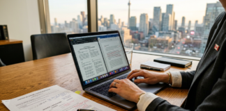 Directory listings for law firms: a practitioner’s guide for 2026 Attorney typing on laptop at wooden desk with legal documents and highlighter, city skyline visible through windows, representing digital directory management for law firms.
