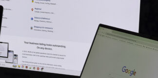 Two laptop screens display a business directory website and Google homepage, illustrating platforms where businesses should maintain online listings in 2026.