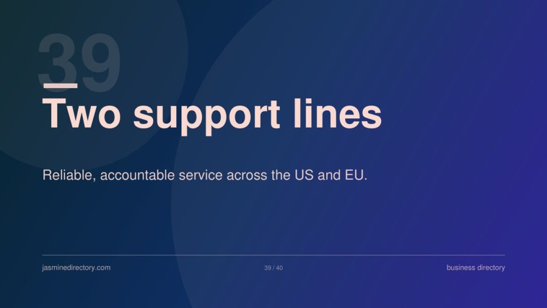 Professional service presentation slide illustrating directory infrastructure for legal services guide Presentation slide showing 'Two support lines' with service reliability messaging, representing the infrastructure behind professional directory systems for legal service accessibility.