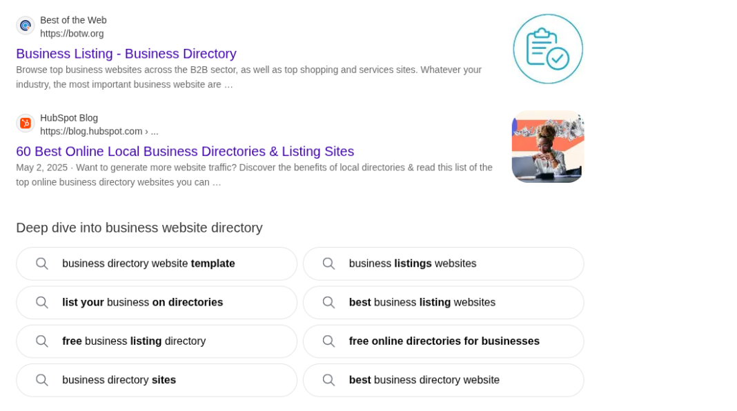 business-directory-search-results-interface-digital-listings Screenshot of business directory search results page showing listings from Best of the Web and HubSpot, with query suggestion buttons below, illustrating directory submission concepts.