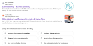 What directory submission is, and how its SEO role changed Screenshot of business directory search results page showing listings from Best of the Web and HubSpot, with query suggestion buttons below, illustrating directory submission concepts.