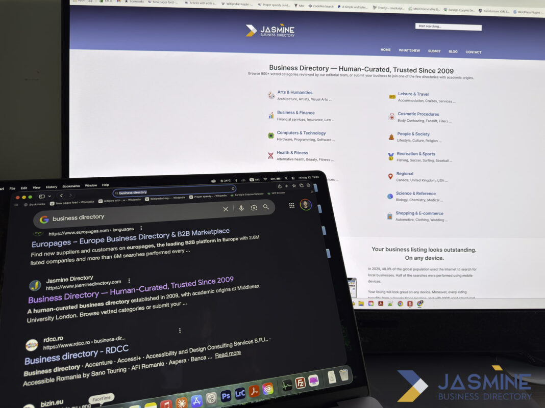 Creating and optimizing business directory profiles begins with understanding search visibility and platform options Laptop screen showing Google search results for business directories including Jasmine Directory, illustrating the research phase of building a strong directory profile.