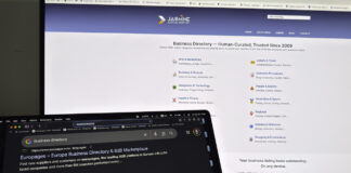 Getting listed and building a strong directory profile Laptop screen showing Google search results for business directories including Jasmine Directory, illustrating the research phase of building a strong directory profile.