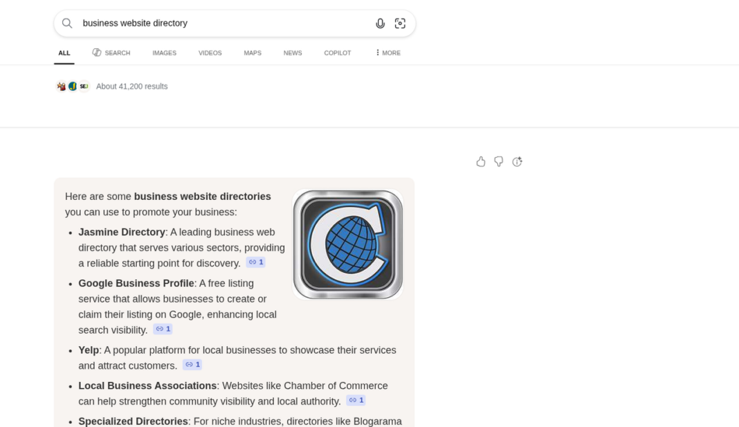 business-directory-search-results-page-screenshot-digital-marketing-interface Screenshot of search engine results page showing business directory listings with globe icon, illustrating how businesses appear in online directory searches for local SEO.