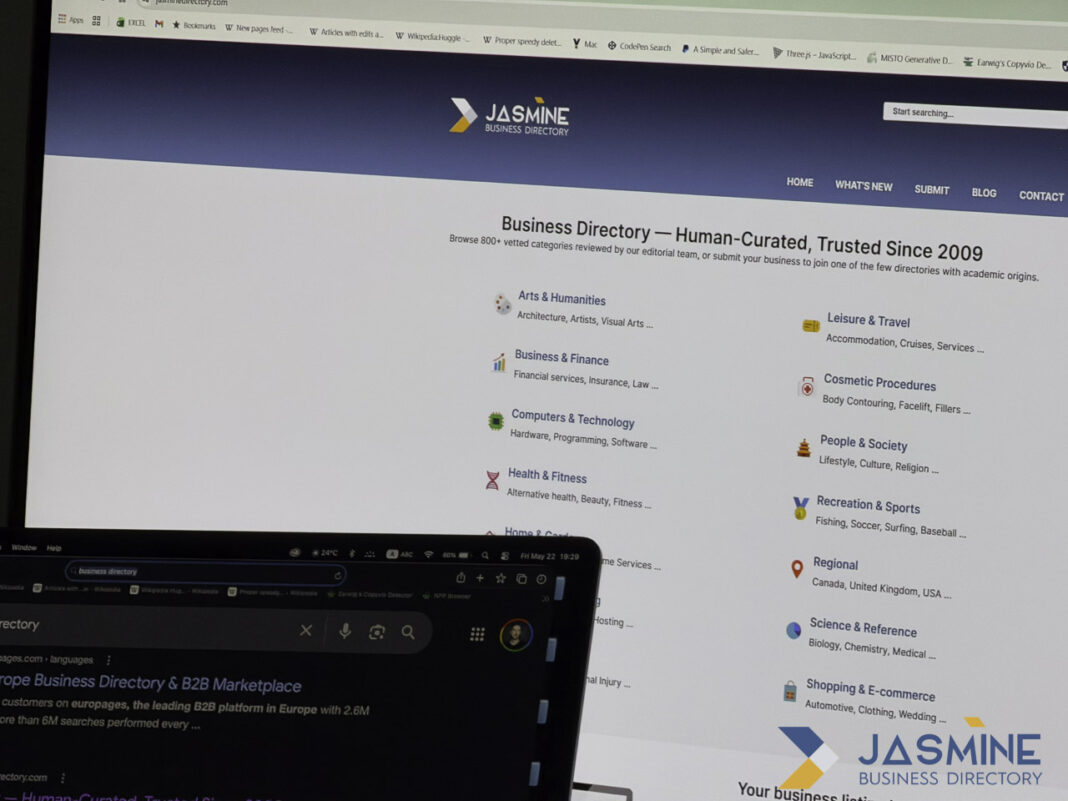 Business directory website interface illustrating online listing platforms for Australian law firm SEO strategies Computer screen showing a business directory website with categorized listings, demonstrating the type of online directories used in law firm SEO strategies.