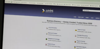 Computer screen showing a business directory website with categorized listings, demonstrating the type of online directories used in law firm SEO strategies.