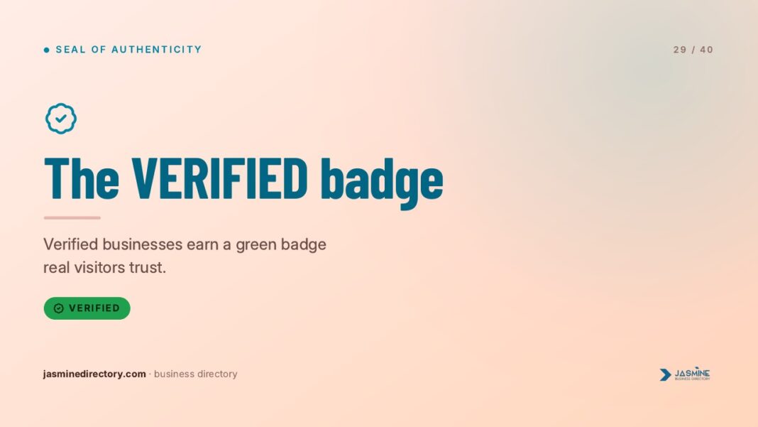 Digital verification badge design illustrating trust indicators that make business listings credible Presentation slide displays a teal verification checkmark seal and green verified badge button, representing digital trust indicators for business listings.