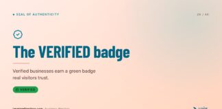 Presentation slide displays a teal verification checkmark seal and green verified badge button, representing digital trust indicators for business listings.