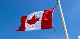 Canadian flag with red maple leaf waving on flagpole against blue sky, representing Canadian law firm identity for professional directory registration.