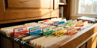 Wooden card catalog drawer with color-coded file folders labeled by academic disciplines, demonstrating the hierarchical organization system central to subject directories.