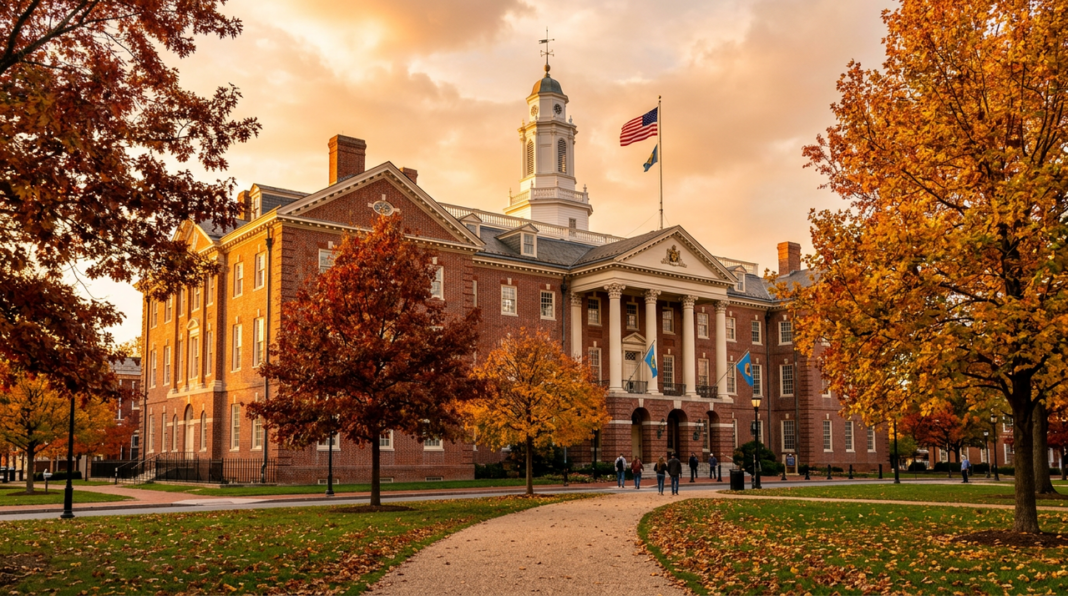 colonial-brick-institutional-building-autumn-afternoon-golden-hour Red-brick colonial building with white cupola and columns surrounded by autumn trees, symbolizing Delaware's enduring legal and corporate institutional framework.