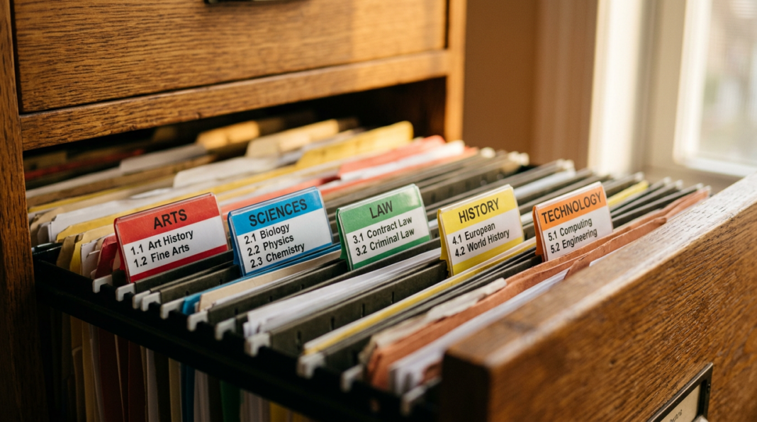 A wooden filing drawer with color-coded category tabs for arts, sciences, law, history, and technology demonstrates the hierarchical organization method used in web directories.