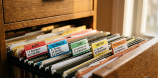 A wooden filing drawer with color-coded category tabs for arts, sciences, law, history, and technology demonstrates the hierarchical organization method used in web directories.