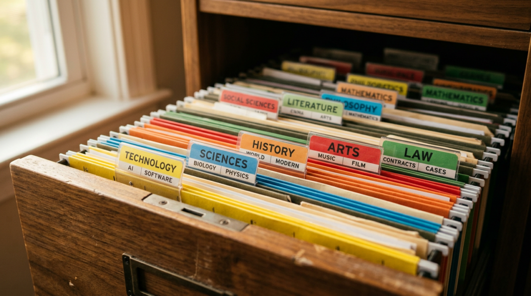 color-coded-filing-cabinet-drawer-category-labels-office-organization-system Wooden filing drawer with color-coded hanging folders labeled by academic categories, demonstrating the systematic organization methods used by web directories.