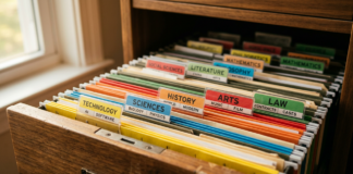 How web directories organize and categorize the web Wooden filing drawer with color-coded hanging folders labeled by academic categories, demonstrating the systematic organization methods used by web directories.