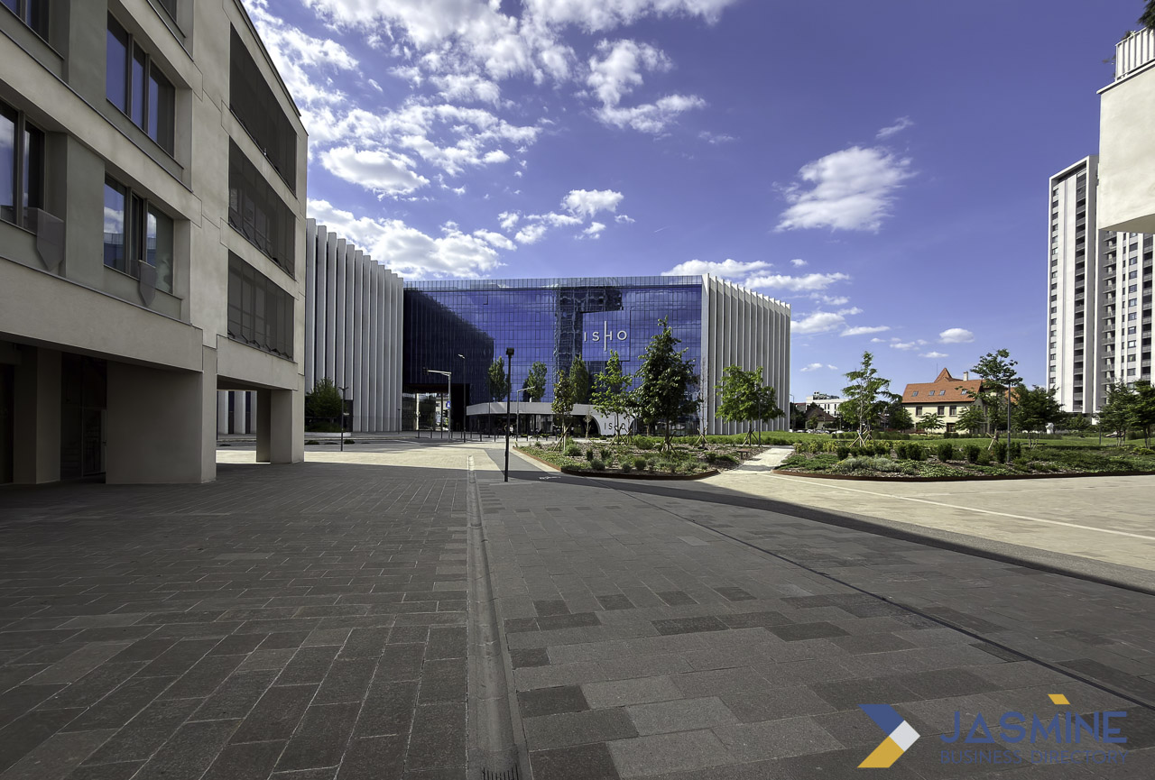 Contemporary institutional campus plaza