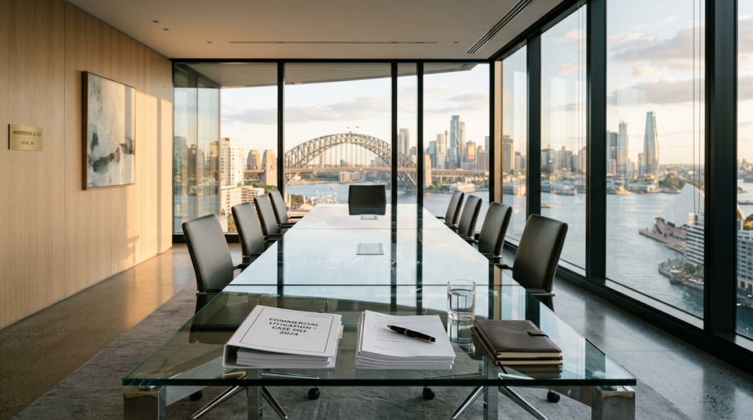corporate-conference-room-harbor-view-glass-table-modern-office-interior Modern conference room with glass table and harbor view through floor-to-ceiling windows, representing the professional environment of growing Australian law firms expanding their market presence.