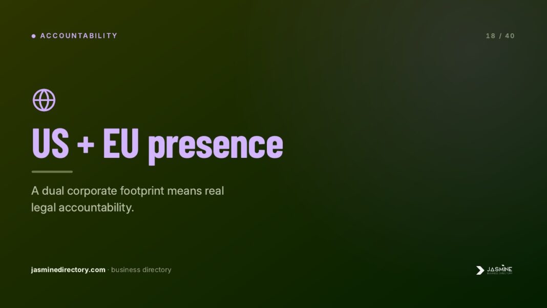 Presentation slide illustrating international presence for law firm directory marketing strategy Presentation slide displaying 'US + EU presence' headline with globe icon on gradient background, illustrating international visibility strategies for law firm directory listings.