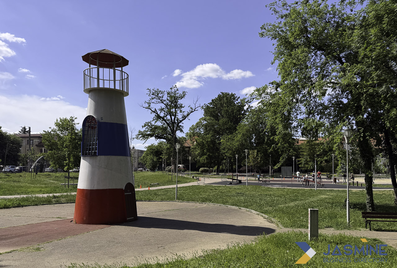 Decorative striped lighthouse structure