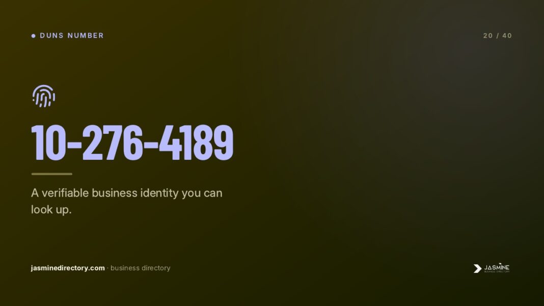 Digital business identifier display illustrating the verification process for claiming business listings Digital slide showing a DUNS number identifier with fingerprint security icon and business directory branding, illustrating the verification process for claiming business listings online.