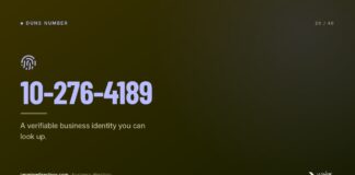 How to claim and verify a business listing Digital slide showing a DUNS number identifier with fingerprint security icon and business directory branding, illustrating the verification process for claiming business listings online.