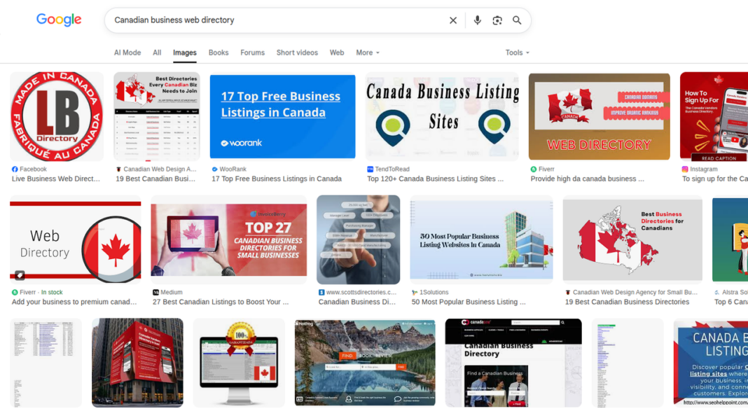 google-search-results-business-directory-interface-digital-marketing-screen Google image search results displaying Canadian business directory options, illustrating the digital tools law firms use to find directory platforms for client outreach.