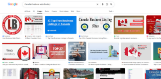 Google image search results displaying Canadian business directory options, illustrating the digital tools law firms use to find directory platforms for client outreach.