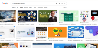 Google Images search results page showing thumbnails of business directory websites and promotional graphics, illustrating digital marketing channels for law firm visibility.