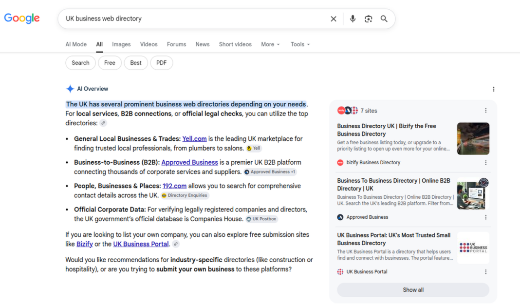 google-search-results-business-directory-web-interface-screenshot-2026 Google search results page showing query for UK business web directory with AI Overview and thumbnail images of directory sites, illustrating business discovery tools.