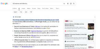 Google search results page showing query for UK business web directory with AI Overview and thumbnail images of directory sites, illustrating business discovery tools.