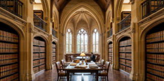The best law firm directories in the UK for 2026 Gothic library reading room with towering bookshelves and arched windows, symbolizing the research and credibility behind professional law firm directories.