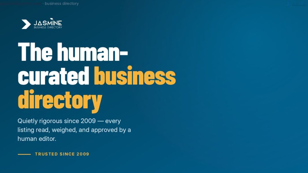 Jasmine Business Directory branding illustrates trusted business listing service for article debunking directory myths Jasmine Business Directory promotional graphic on teal background with logo and service description, representing trusted business listing platforms discussed in the directory myths article.