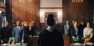 Texas: Finding verified law firms Judge in black robes presides over attorneys standing in a traditional wood-paneled courtroom, representing the legal infrastructure accessible through Texas law firm directories.
