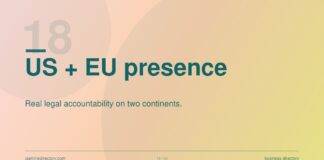 How legal directories drive cases to US law firms Business presentation slide showing 'US + EU presence' and 'Real legal accountability on two continents' illustrates how legal directories establish credibility to drive cases to law firms.