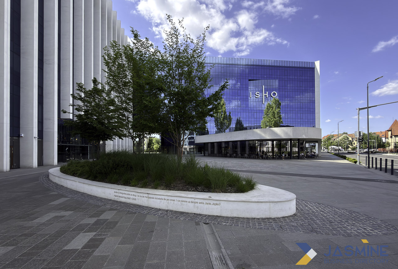 Modern urban plaza with circular planter