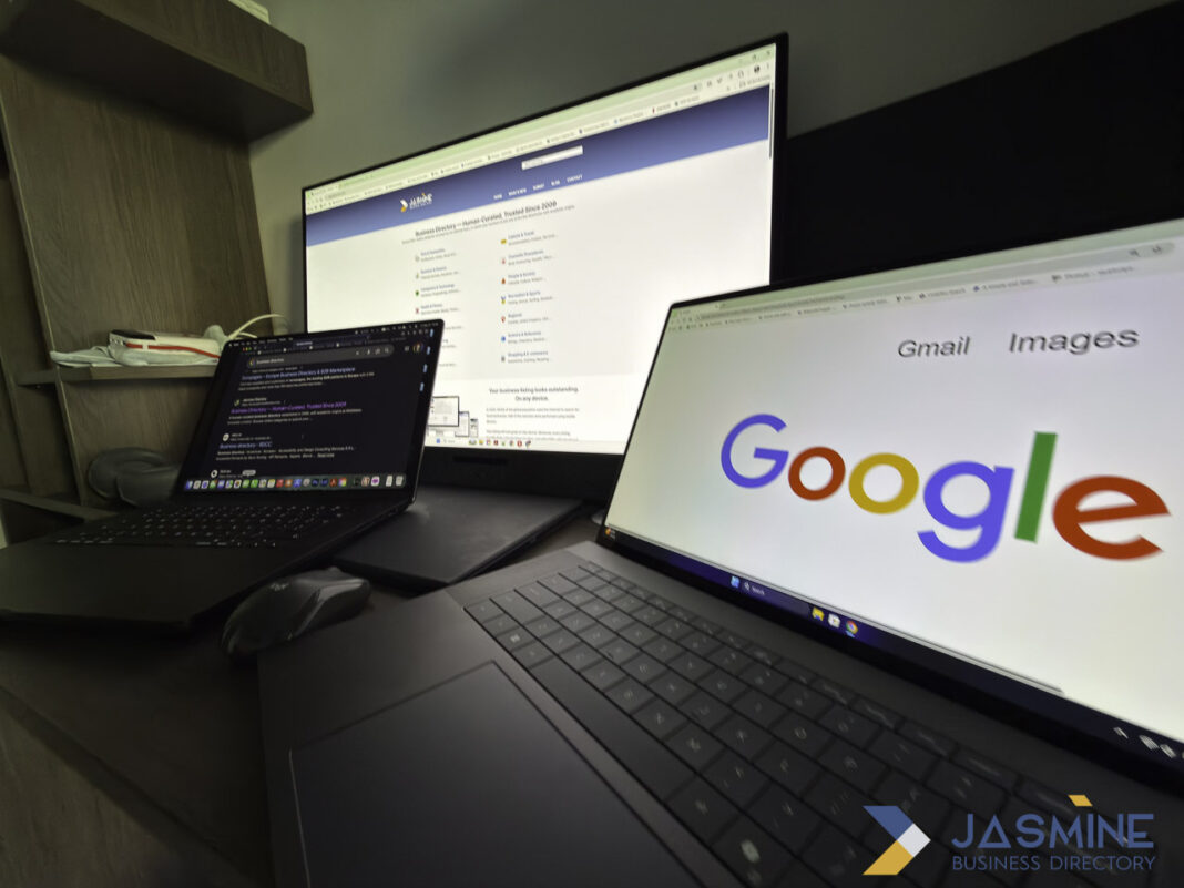 Multi-screen workstation illustrating digital research methods for attorney directory selection Three computer screens on a desk display different websites including a business directory and Google search, representing the digital research process attorneys use when selecting professional directories.