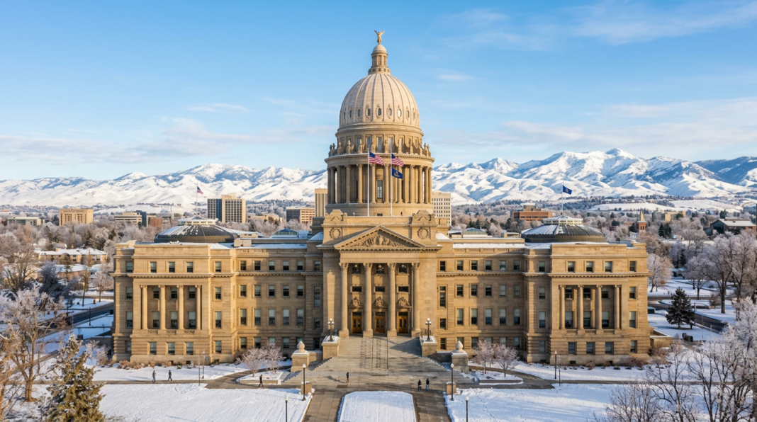neoclassical-capitol-building-golden-dome-winter-mountains-government-architecture Neoclassical capitol building with golden dome and columned entrance in winter, representing governmental and legal institutional architecture for Wyoming law firm directory context.
