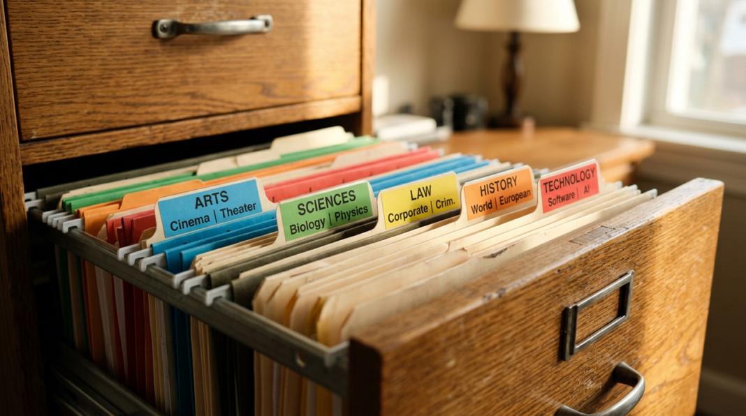 Open wooden filing drawer with color-coded hanging folders labeled by category including Law, illustrating systematic organization for professional directory resources.