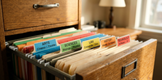 The Financial Setup Checklist for New Business Owners Open wooden filing drawer with color-coded hanging folders labeled by category including Law, illustrating systematic organization for professional directory resources.