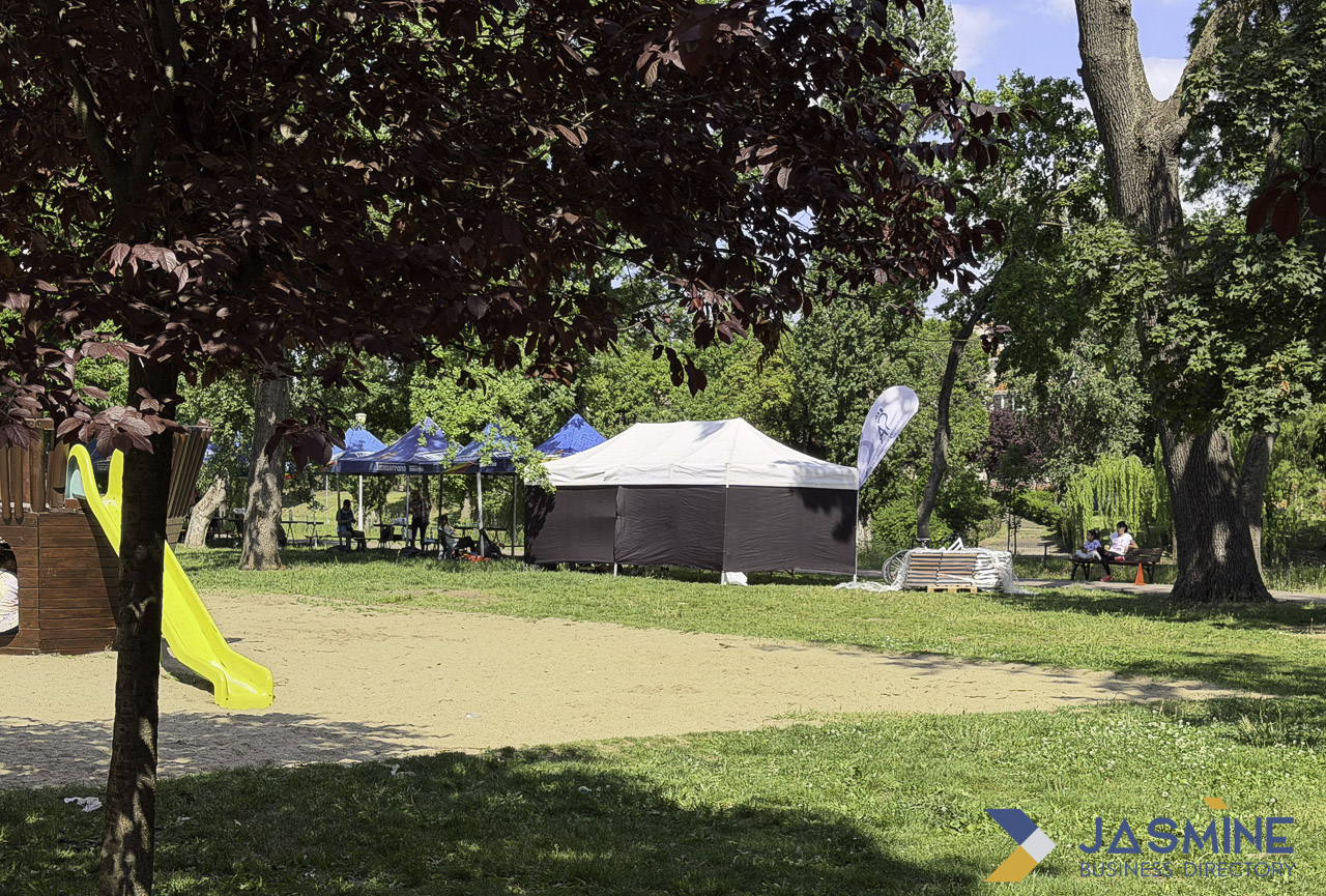 Park event setup with canopy tents
